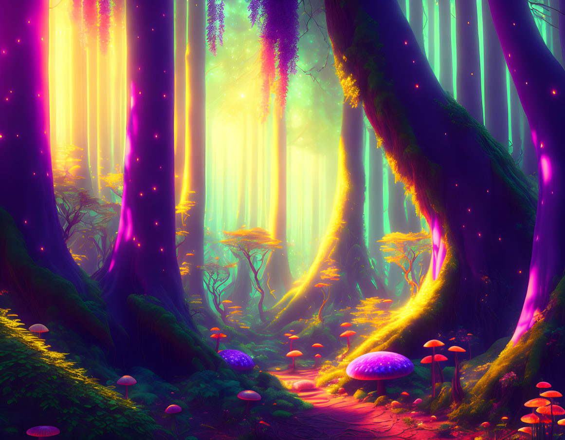 Enchanting forest scene with glowing mushrooms and magical orbs