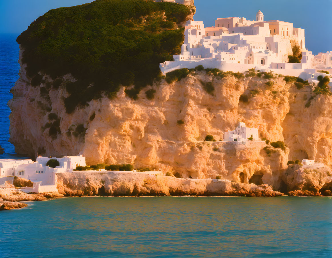 Mediterranean White Buildings on Cliff Overlooking Blue Sea