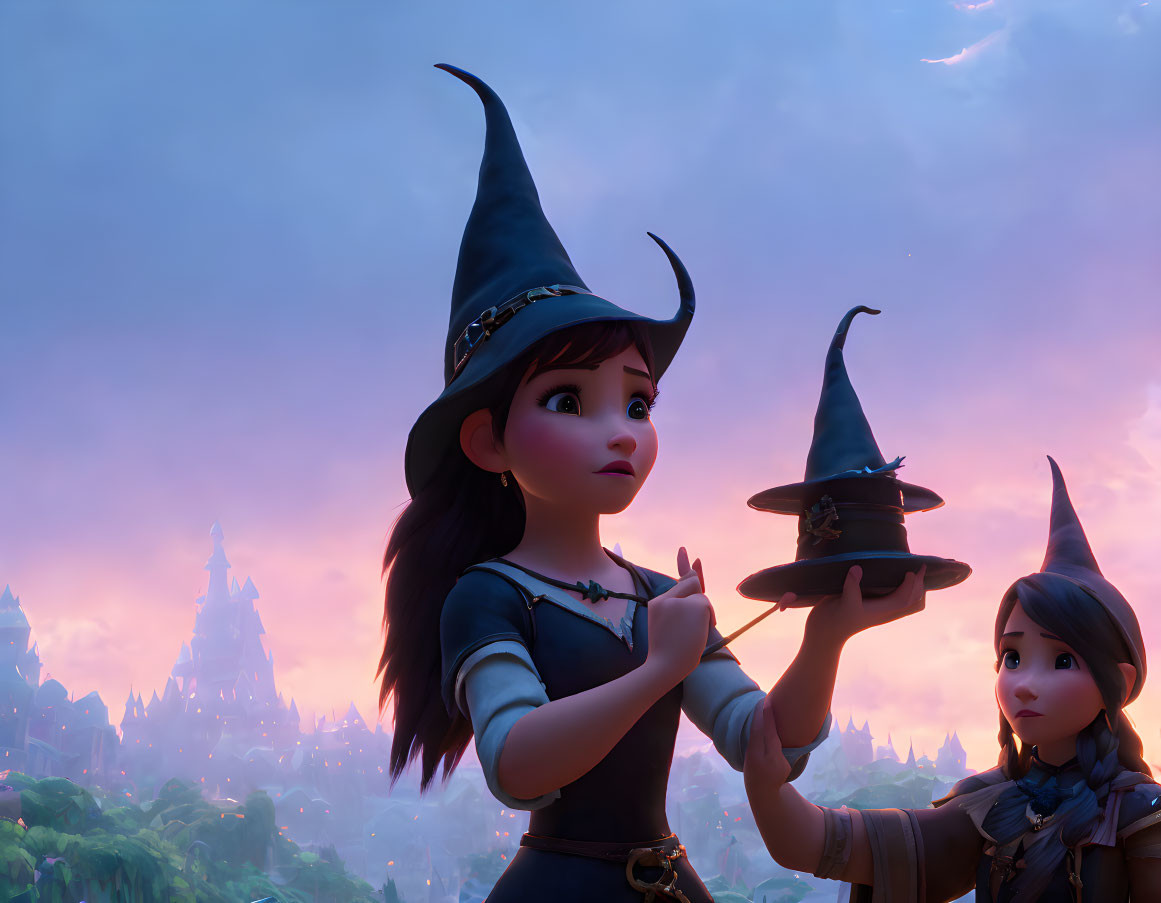 Animated witch with surprised expression holding miniature self on palm in front of twilight castle.
