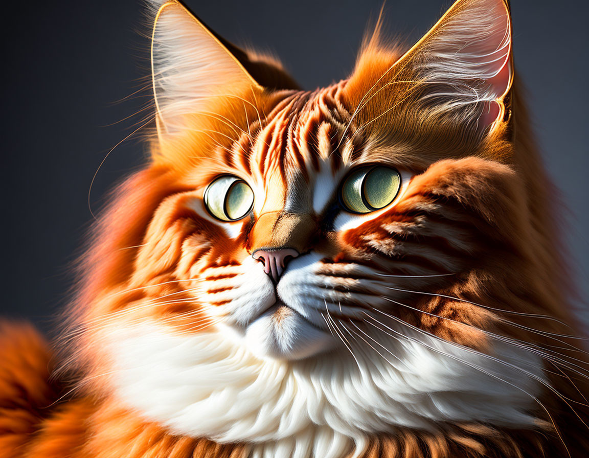 Orange and White Cat with Amber Eyes and Lush Fur on Dark Background