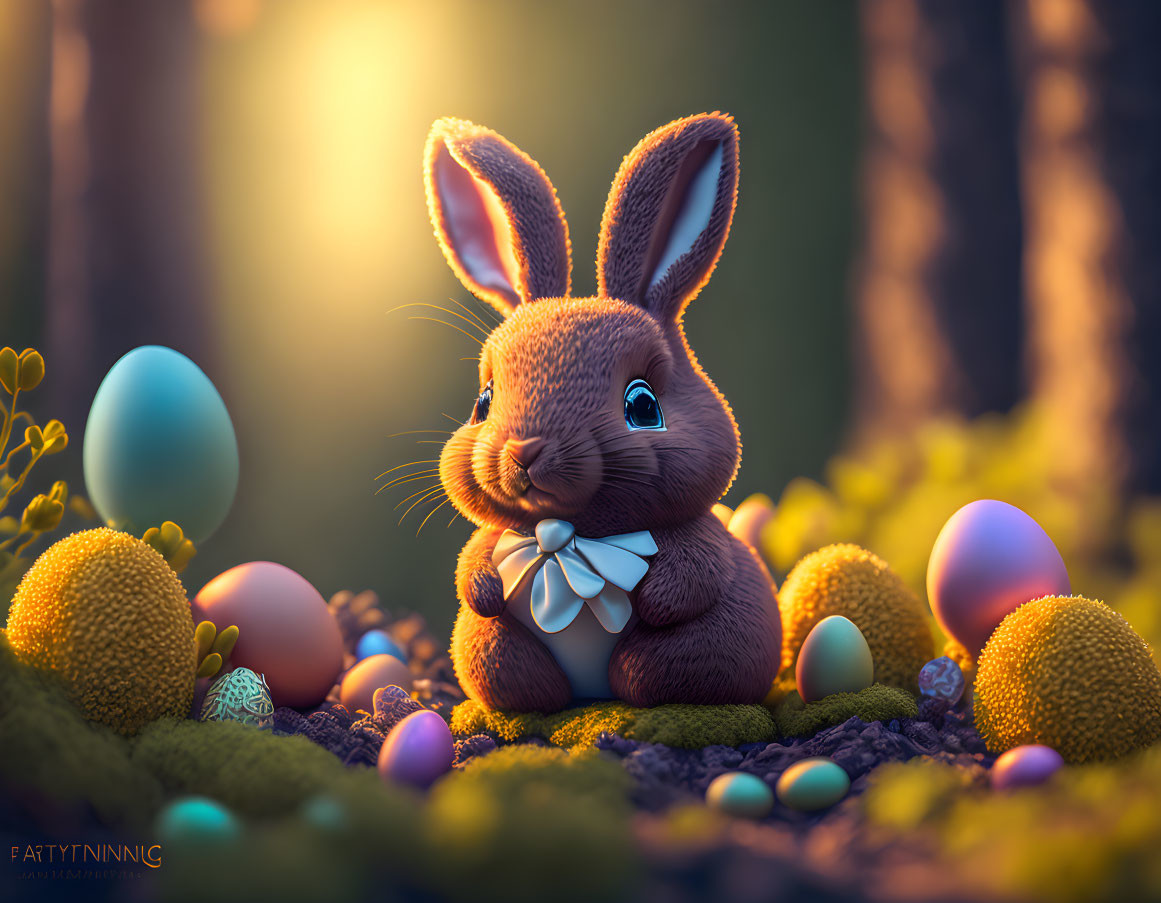 Animated rabbit with bowtie among Easter eggs in magical forest setting