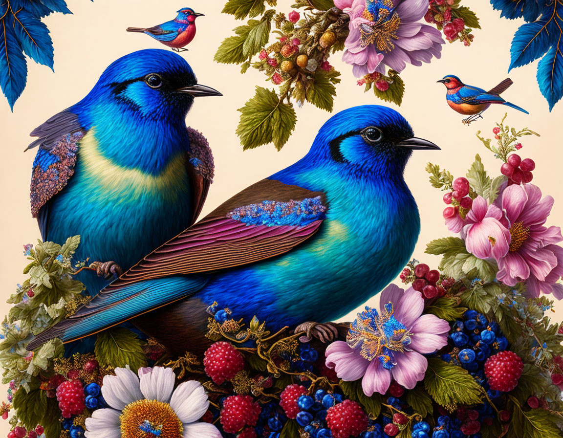 Vibrant blue birds with intricate feathers in floral setting.