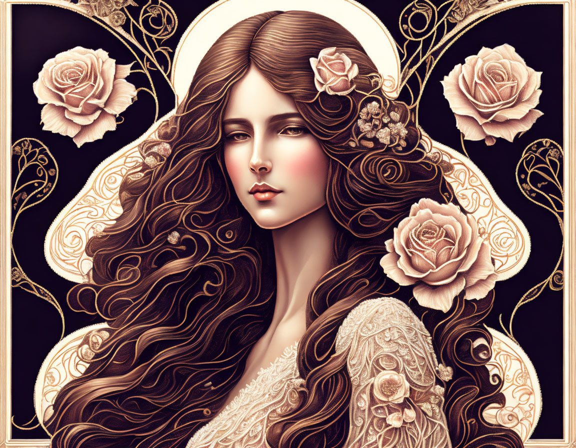 Illustrated Woman with Flowing Hair and Roses in Golden Art Nouveau Halo