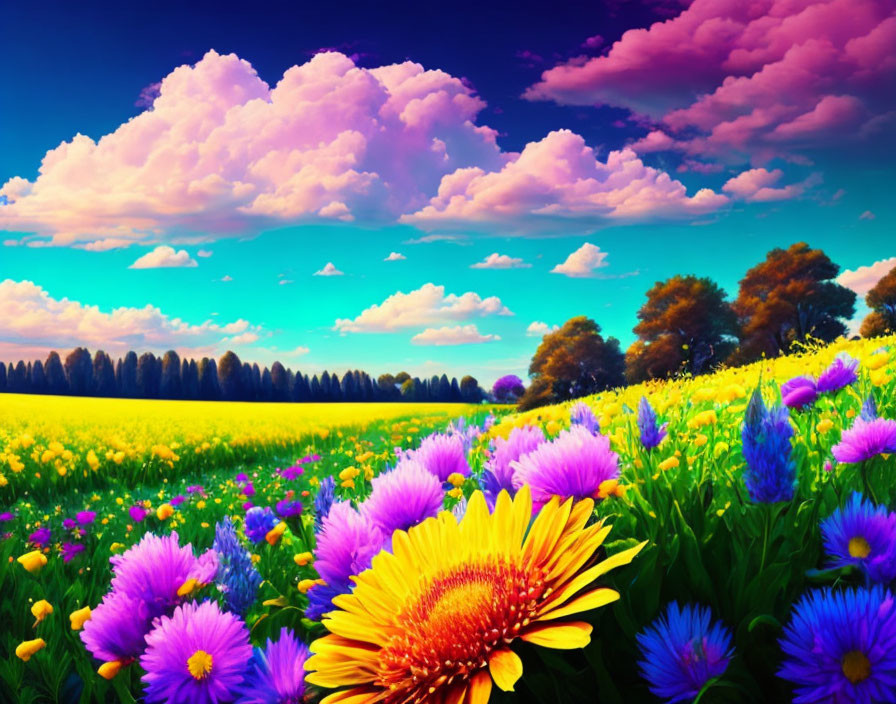 Colorful flower field under bright blue sky with trees in background