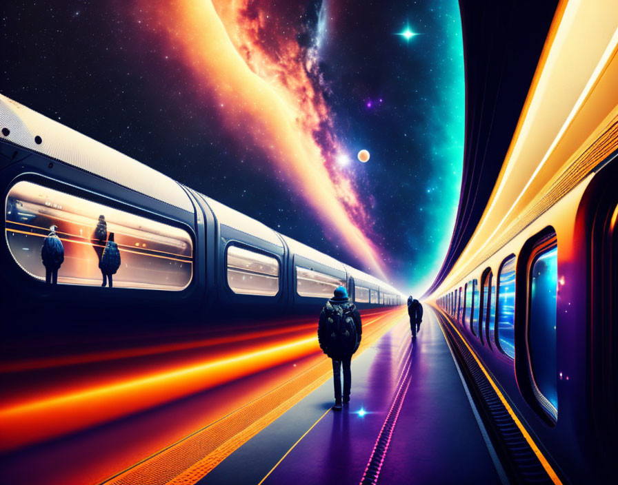 Futuristic train station with vibrant cosmic skies and neon-lit sleek train