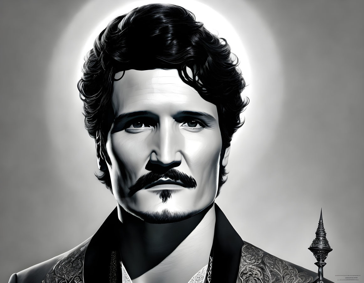 Monochrome digital portrait of a mustached man with curly hair on light halo background