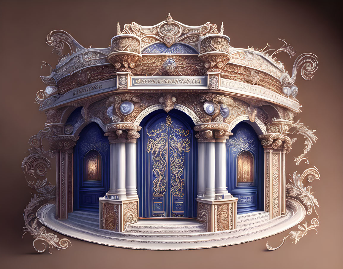 Intricately Designed Gold and Blue Carousel with Classical Columns