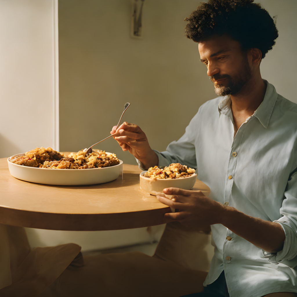 Man smiling serving food from large to small bowl at sunlit table