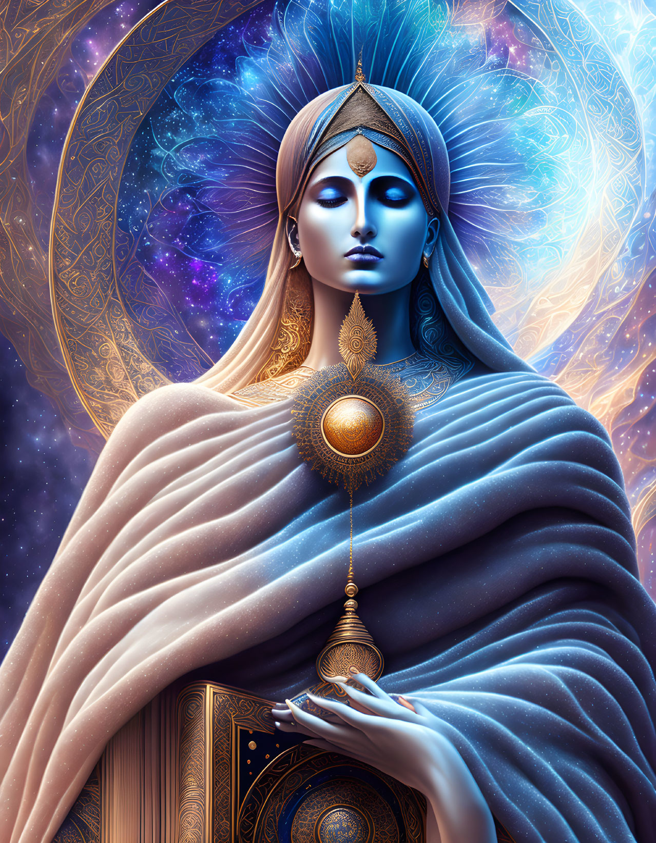 Blue-skinned figure with cosmic motifs holding mystical object in digital artwork