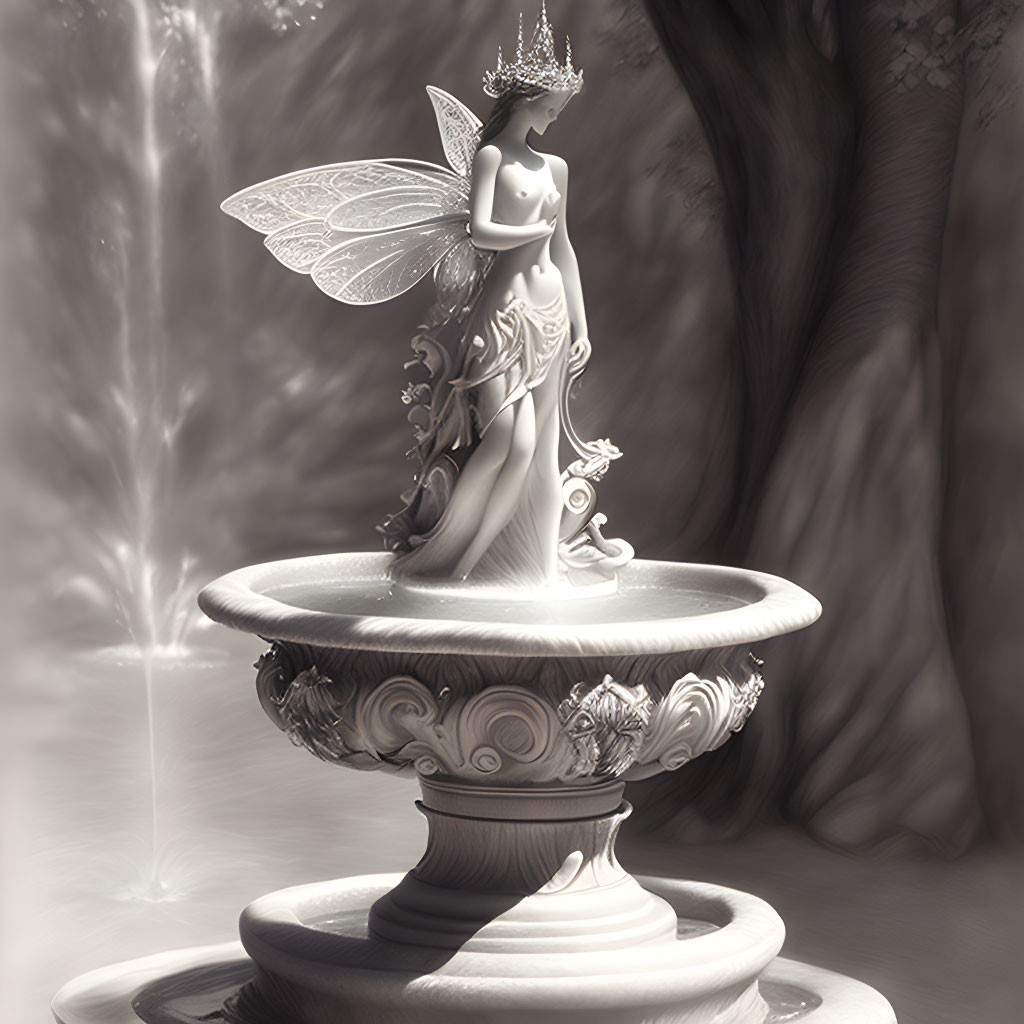 Detailed grayscale fairy statue on pedestal with wings and crown in mystical forest.