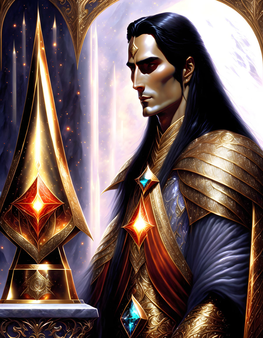 Male Figure in Golden Armor with Glowing Artifact on Cosmic Background