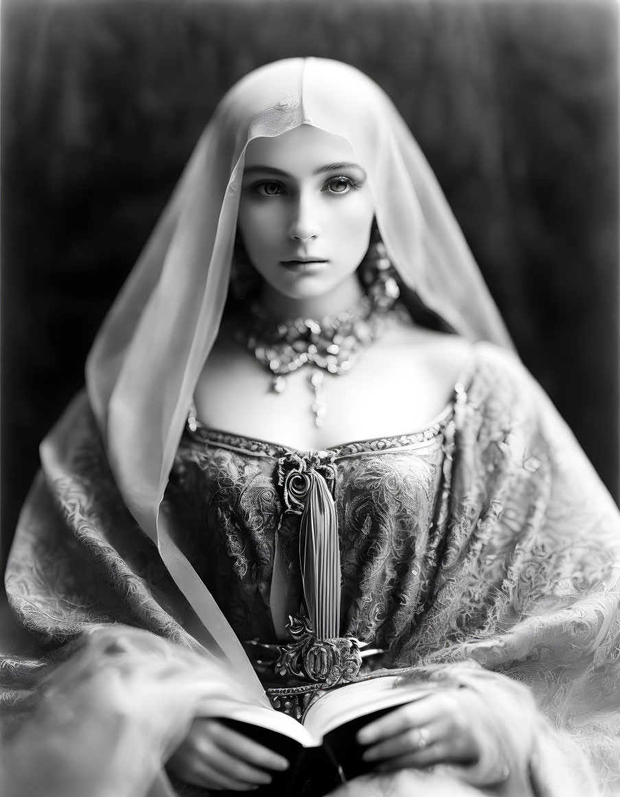 Monochrome portrait of woman in historical dress with veil and ornate necklace holding open book