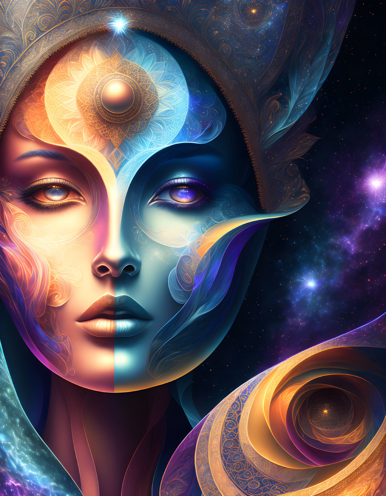 Symmetrical female face with cosmic elements and intricate patterns