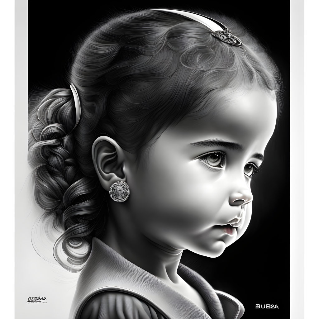 Monochromatic digital portrait of a young girl with side braid and round earring.