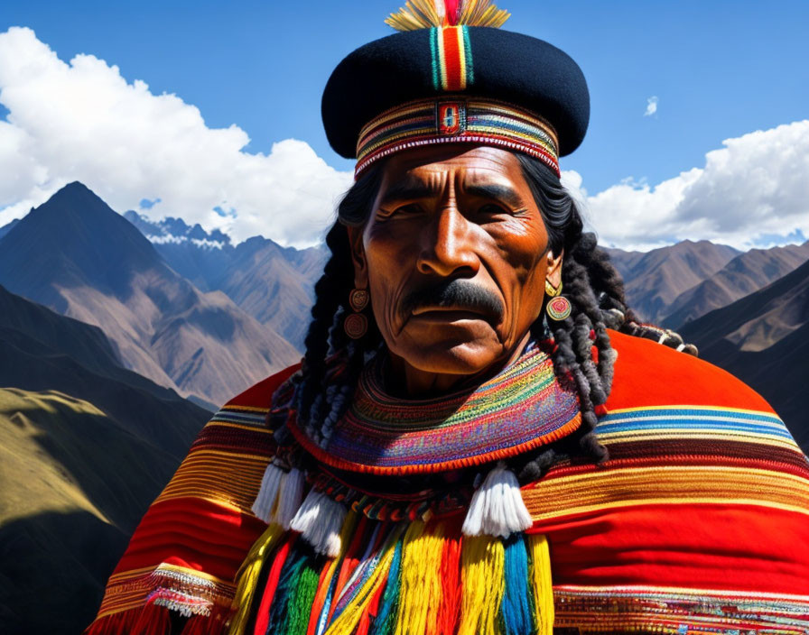 Traditional Andean man in colorful attire against mountain backdrop