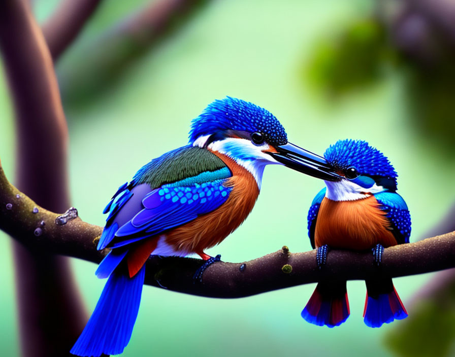 Vibrant kingfishers with blue and orange plumage on branch