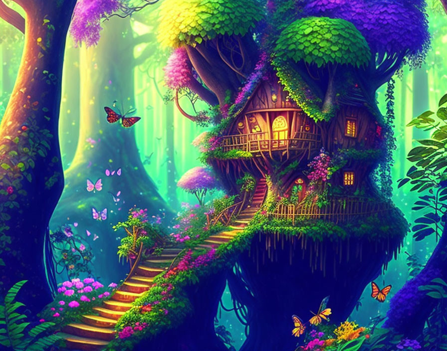 Enchanted forest treehouse with glowing purple light, staircase, greenery, and butterflies