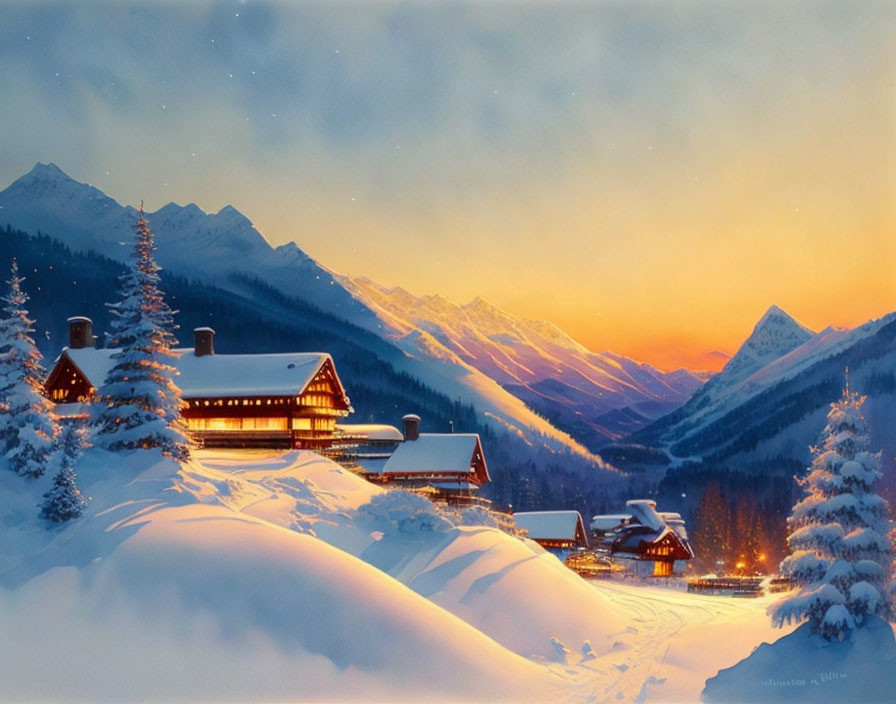 Snowy Mountain Lodge at Dusk with Winter Landscape