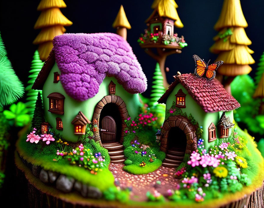 Colorful Fairy Tale Village Cake with Butterfly