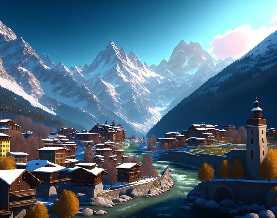 Scenic mountain village with chalet-style buildings and snow-capped peaks