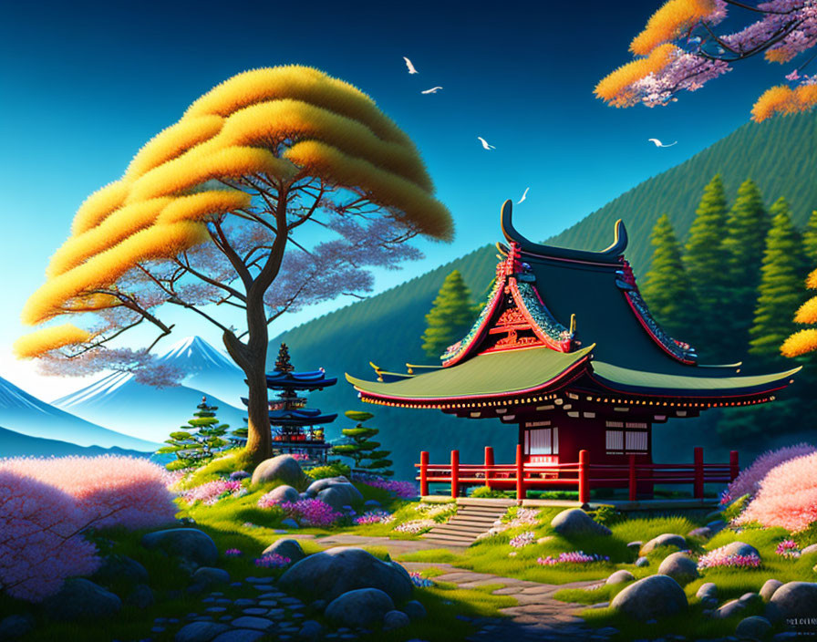 Colorful Digital Art: Red Temple in Lush Greenery