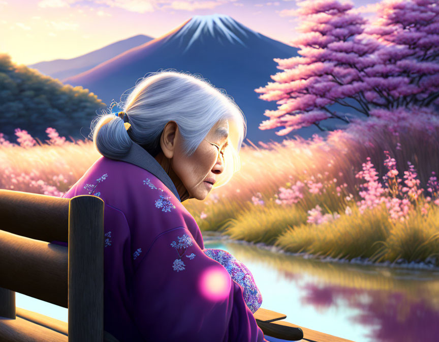 Elderly Woman in Purple Kimono with Cherry Blossoms and Mount Fuji at Sunset