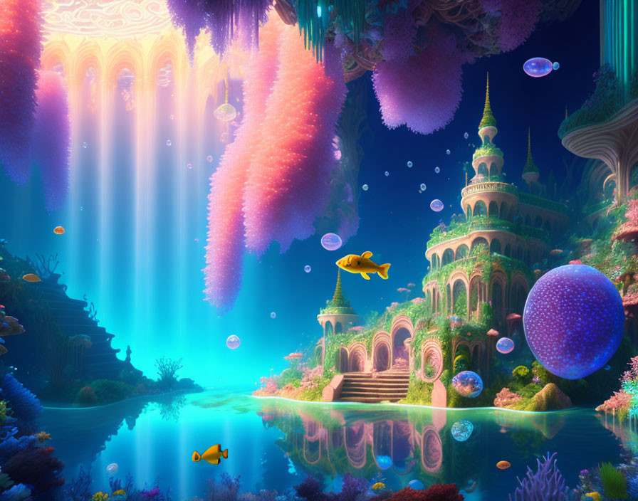 Colorful Underwater Fantasy Scene with Coral, Fish, Castle, Waterfalls