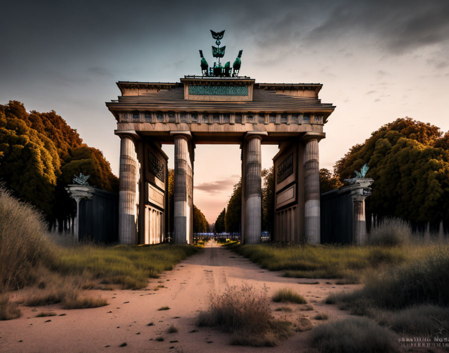 Brandenburg Gate at Dusk with Quadriga Statue and Empty Path