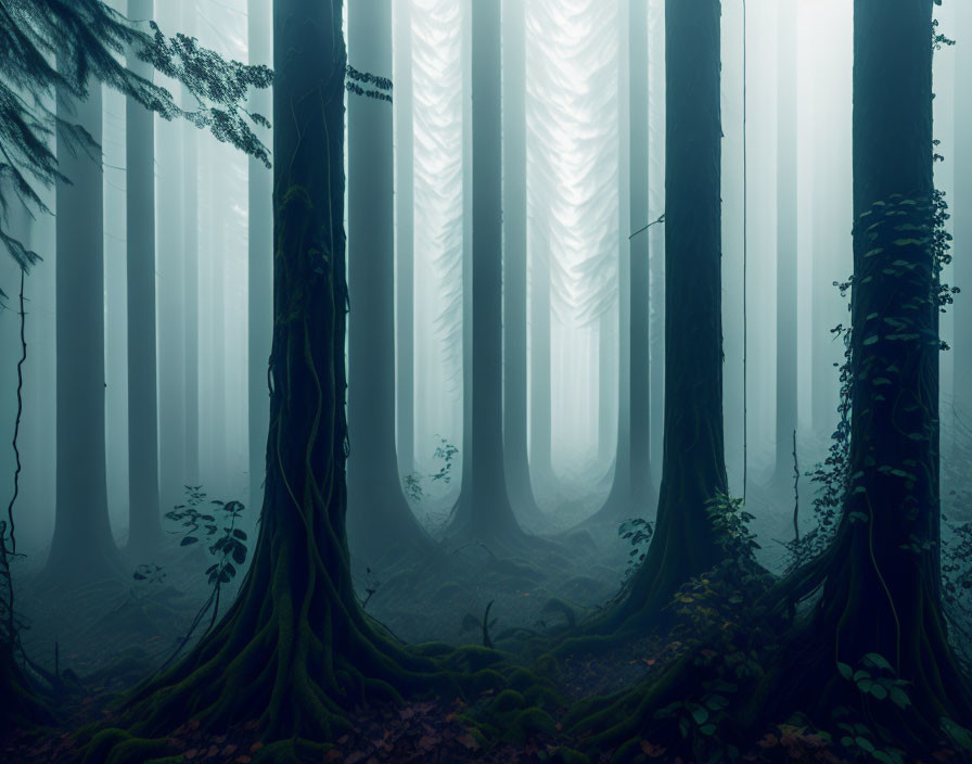 Enchanting forest with towering trees and thick fog