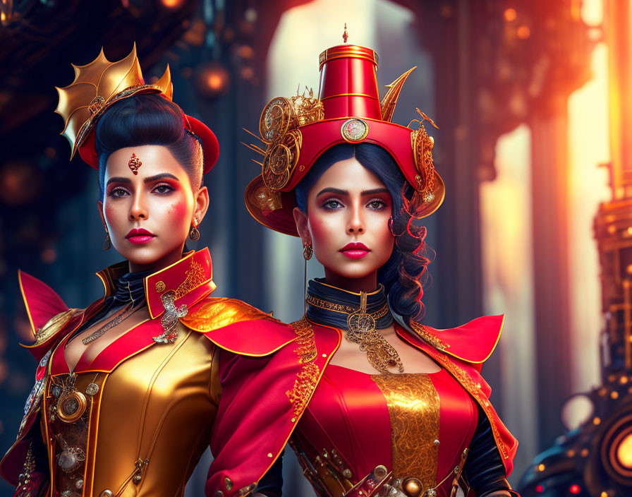 Two women in red and gold steampunk attire with elaborate headdresses in industrial setting