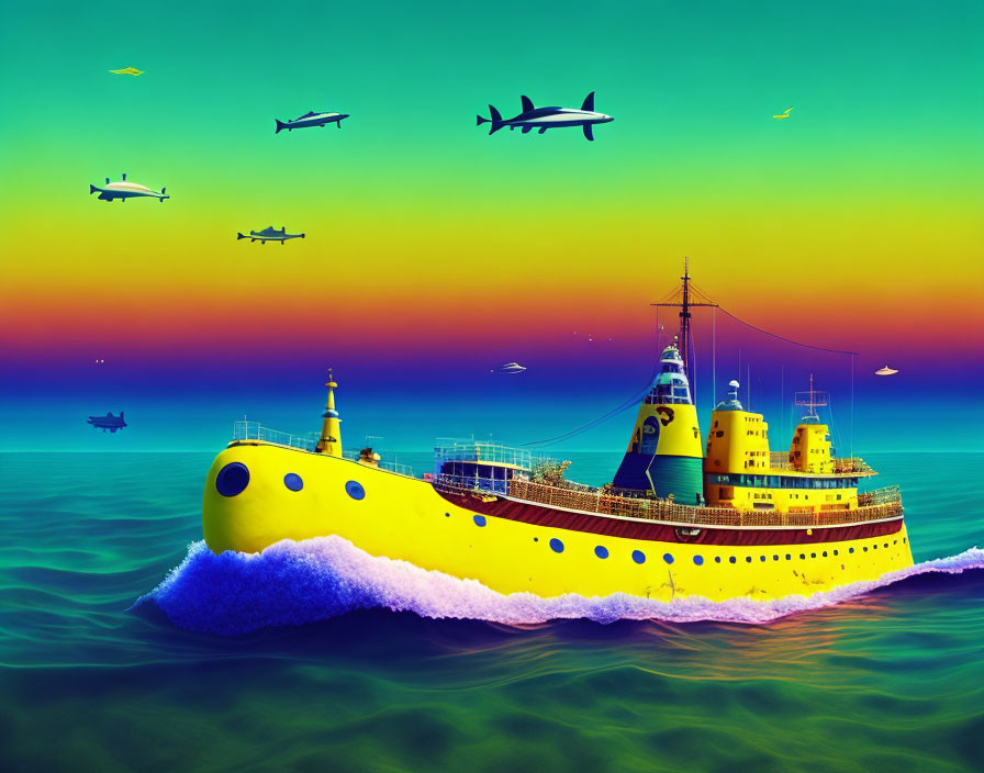Colorful illustration of yellow submarine, aircraft in gradient sky