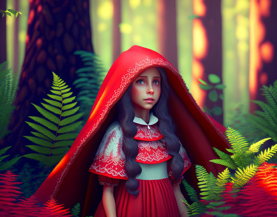 Girl in Red Hooded Cloak Stands in Sunlit Forest Clearing