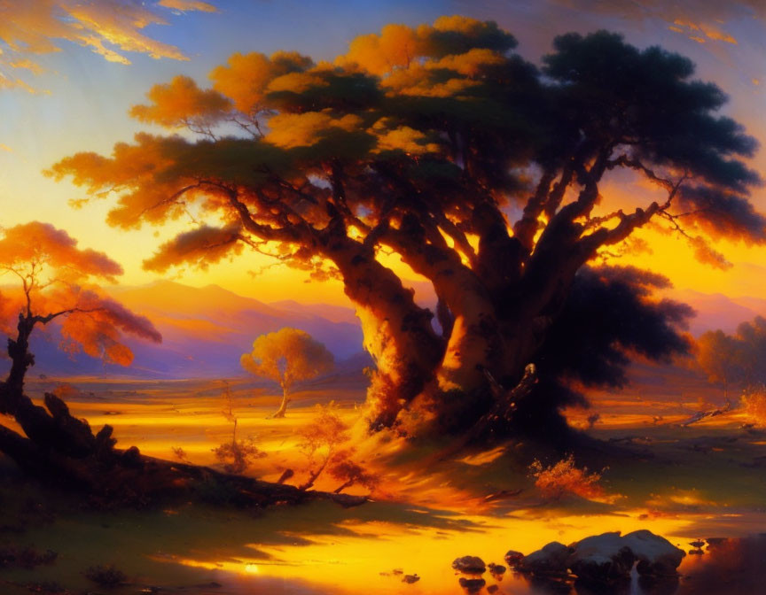 Majestic tree painting with golden sunset backdrop