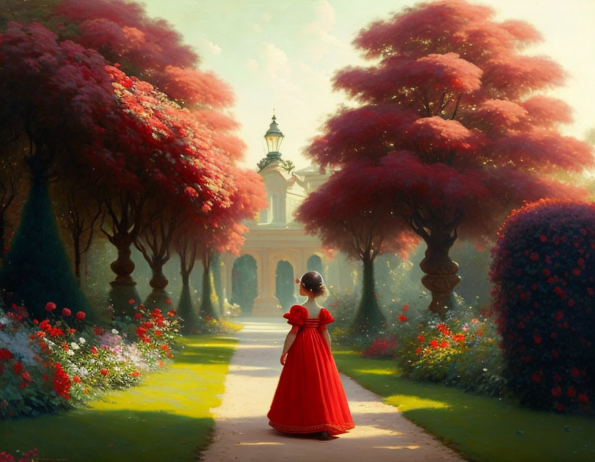 Woman in Red Dress Walking in Serene Garden with Vibrant Red Flowers