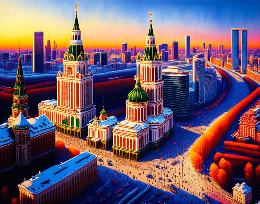 Vibrant Moscow skyline artwork with Red Square buildings and modern skyscrapers at sunset
