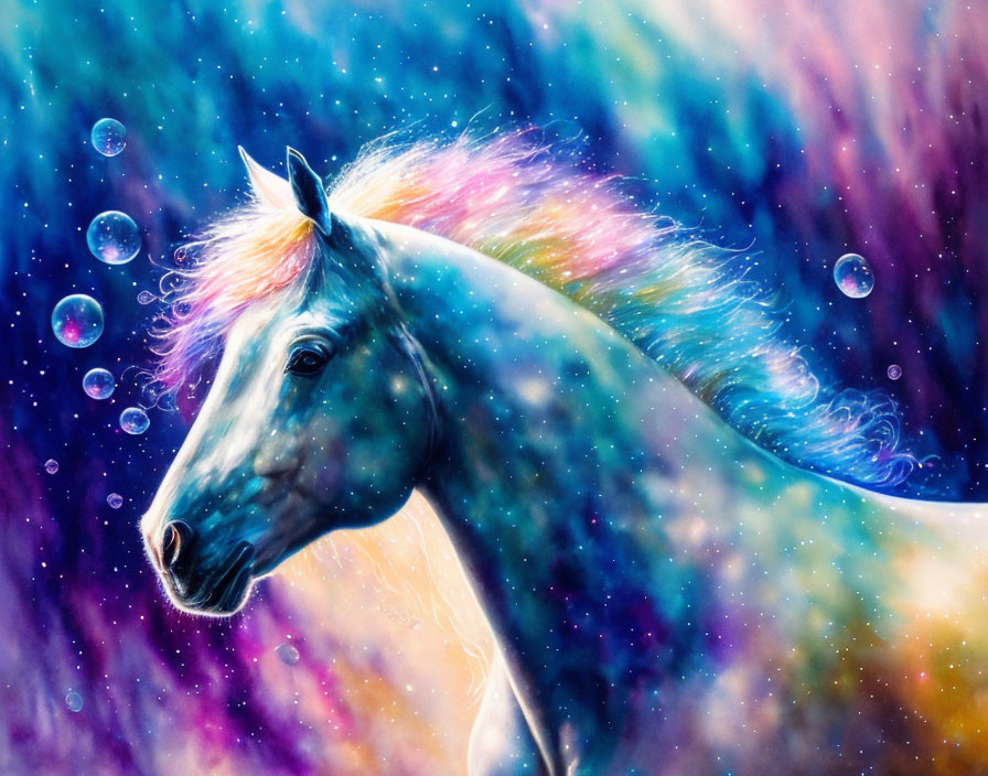 Vibrant white horse illustration with rainbow mane in cosmic setting