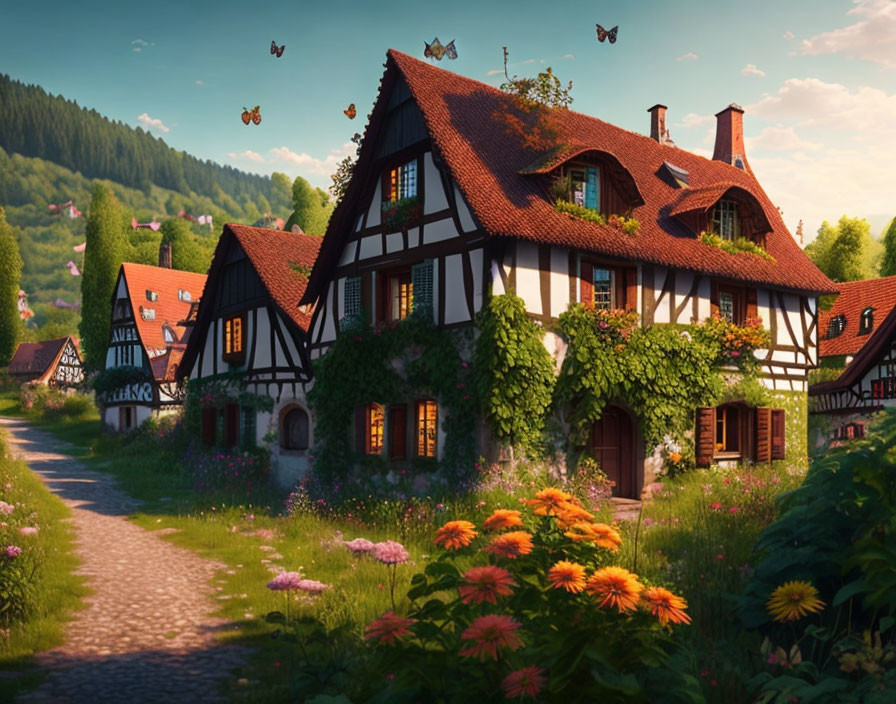 Traditional half-timbered houses in lush village setting