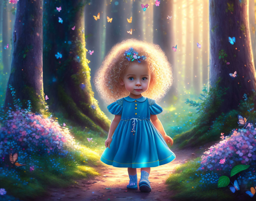 Young girl in blue dress in magical forest with sunlight, flowers, and butterflies