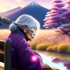 Elderly Woman in Purple Kimono with Cherry Blossoms and Mount Fuji at Sunset