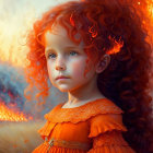 Fiery red-haired girl in orange dress with tear on cheek before blurred flame background