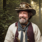 Bearded man in steampunk attire smiling in forest setting
