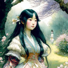 Illustrated woman in traditional attire amidst blossom-filled landscape