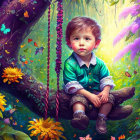 Child on swing in vibrant fantasy garden with colorful butterflies