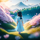 Young girl in blue dress with pink flowers and Mount Fuji background