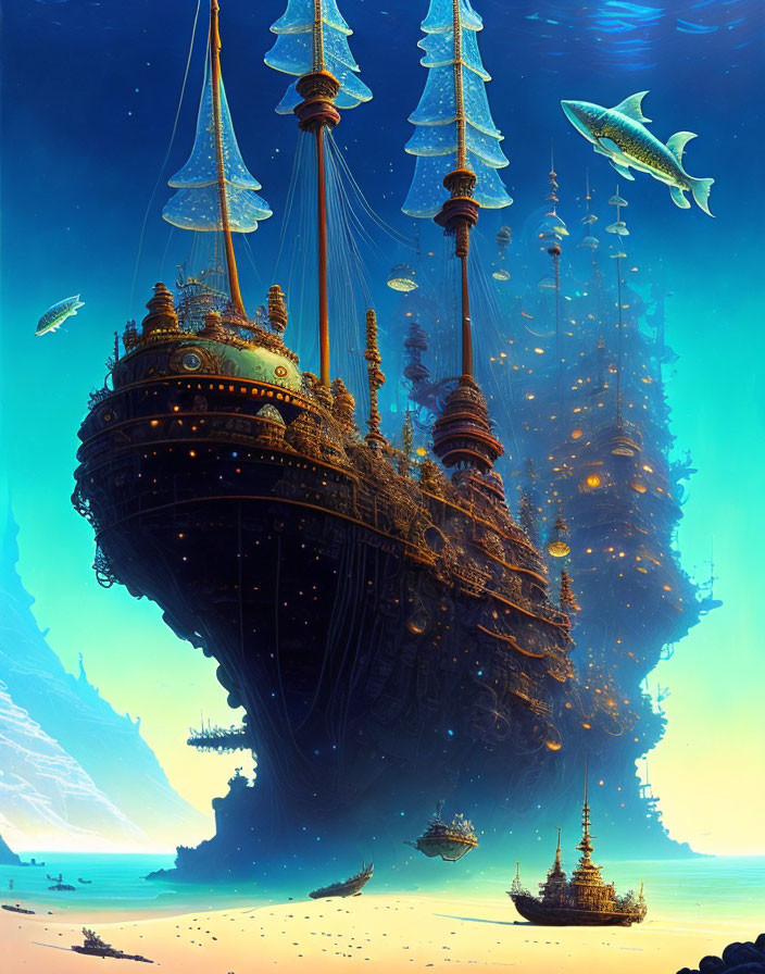 Majestic illuminated ships in fantastical underwater scene
