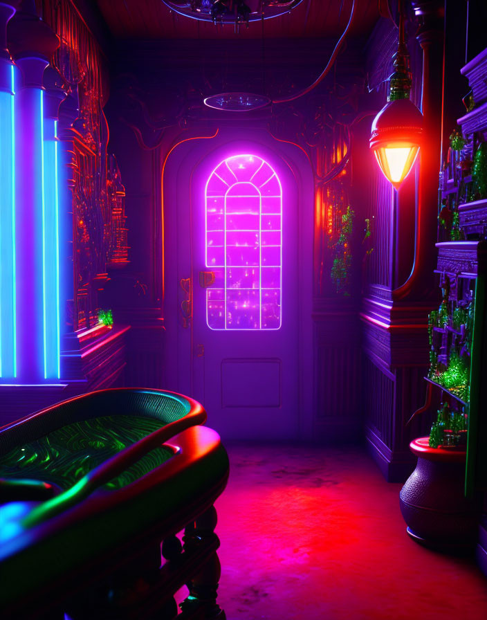Colorful neon-lit interior with glowing tubes and stained-glass door
