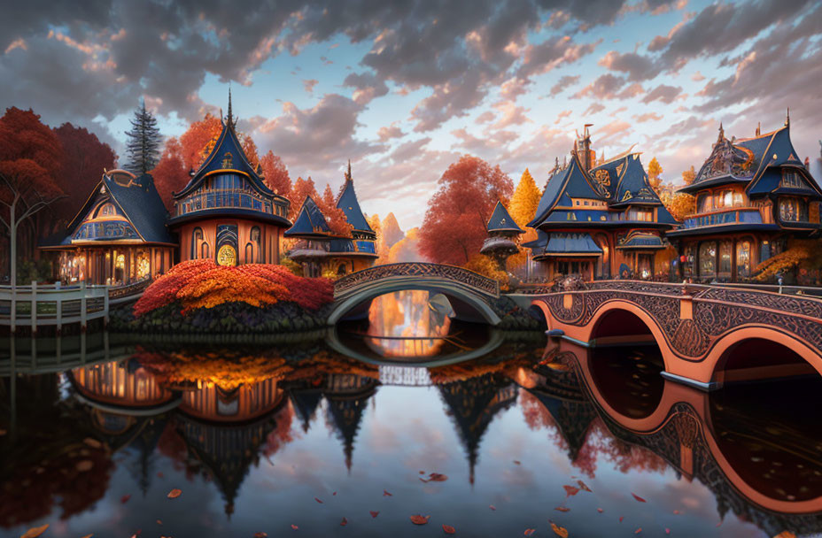 Picturesque village with ornate houses by autumn lake
