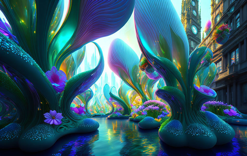 Vibrant underwater scene on city street with iridescent plants and flowers
