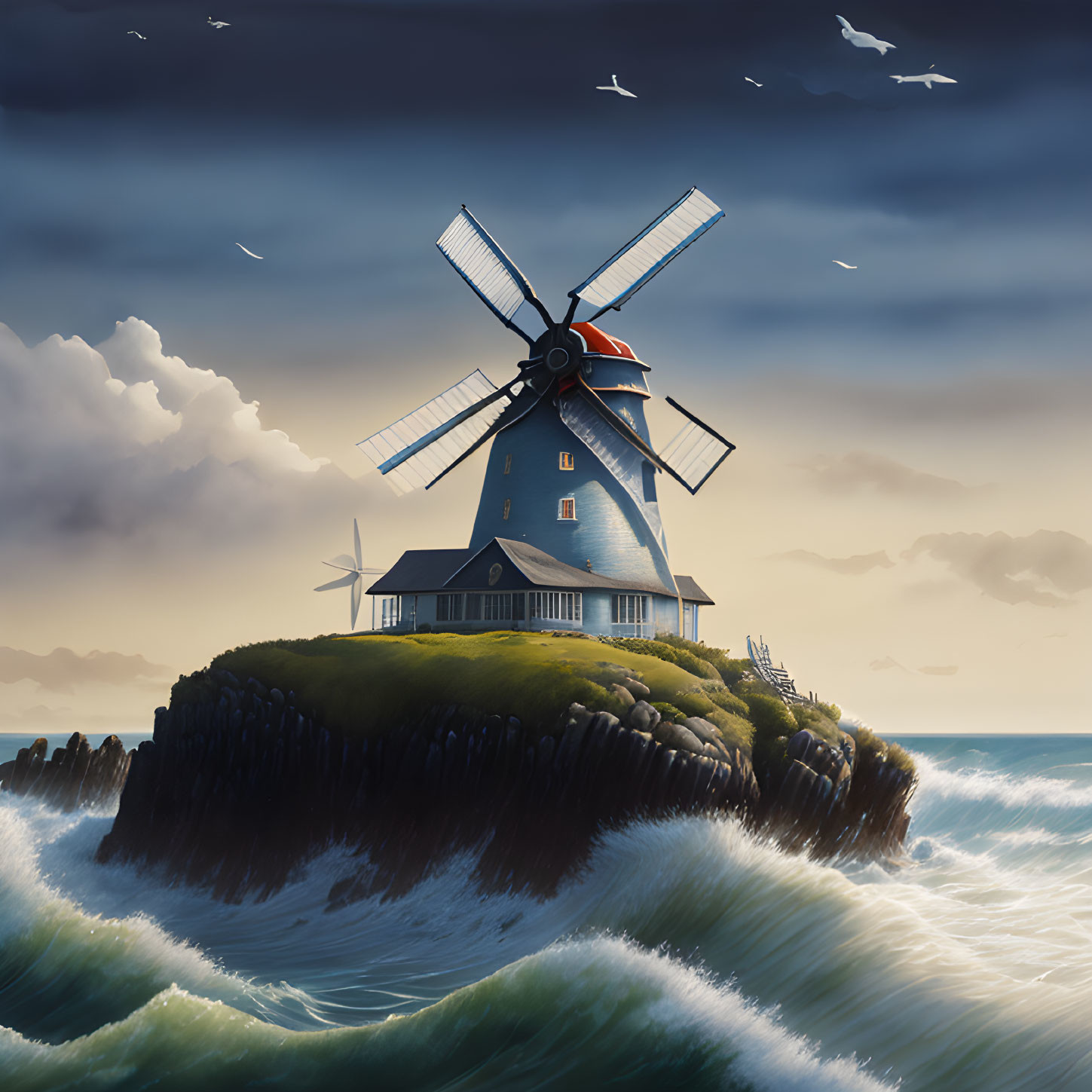 Traditional windmill on cliff with turbulent seas, birds, and cloudy sky at dusk