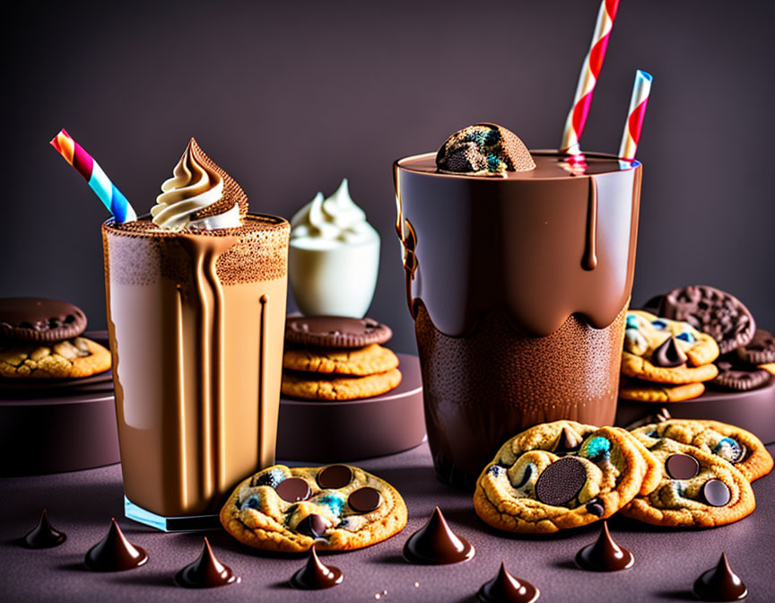 Rich chocolate milkshakes with whipped cream and cookies on dark background